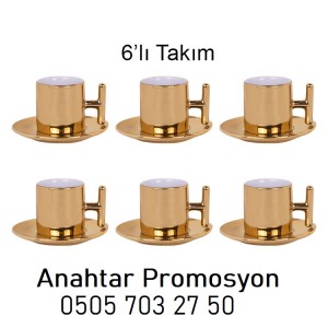 T Kulplu Gold Kahve Fincan Seti (6'lı Aynalı Takım)