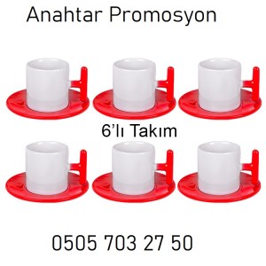 T Kulplu Beyaz  Kahve Fincan Seti (6'lı Kırmızılı Takım)